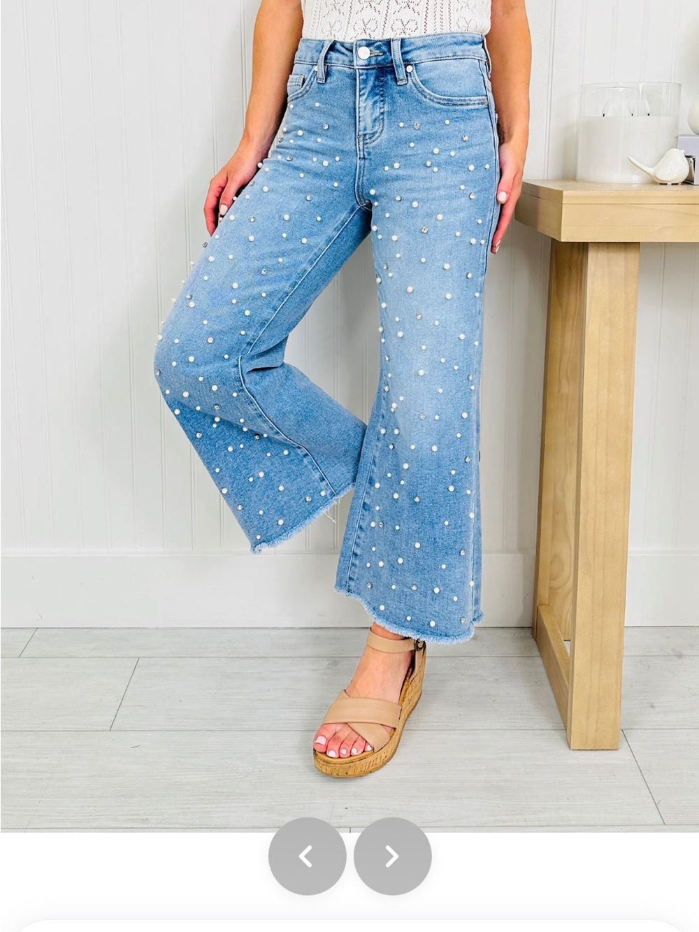 Moco Boutique Blue Pearl and Rhinestone-Embellished Wide Cropped Leg Jeans